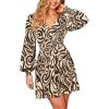CUPSHE Women Fall Dresses Floral V Neck Long Sleeve Ruffle Hem Smocked High Waist Casual Mini Dress(Beige)