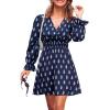 CUPSHE Women Fall Dresses Floral V Neck Long Sleeve Ruffle Hem Smocked High Waist Casual Mini Dress(Navy)