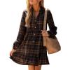 CUPSHE Women Fall Dresses Plaid Ruffle Hem V Neck Long Sleeve Button Holiday Tunic Mini Dress(Navy)