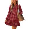 CUPSHE Women Fall Dresses Plaid Ruffle Hem V Neck Long Sleeve Button Holiday Tunic Mini Dress(Red)