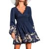 CUPSHE Women Fall Dresses Plunging V Neck Lace Trim Puff Long Sleeve Elastic Smocked Mini Dress(Navy)