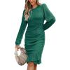 CUPSHE Women Fall Dresses Ruffle Hem Knit Ruched Crew Neck Long Sleeve Bodycon Cocktail Mini Dress(Green)