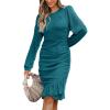 CUPSHE Women Fall Dresses Ruffle Hem Knit Ruched Crew Neck Long Sleeve Bodycon Cocktail Mini Dress(Teal)