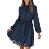 CUPSHE Women Fall Dresses Scallop Trim Cutout Smocked Mock Neck Tie Waist Long Sleeve A Line Flowy Mini Dress(Navy)