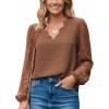 CUPSHE Women Lace Elegant Blouse Long Sleeve Eyelet V Neck Dressy Party Floral Tops Scalloped V Neck(Brown)