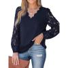 CUPSHE Women Lace Elegant Blouse Long Sleeve Eyelet V Neck Dressy Party Floral Tops Scalloped V Neck(Navy)