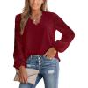 CUPSHE Women Lace Elegant Blouse Long Sleeve Eyelet V Neck Dressy Party Floral Tops Scalloped V Neck(Red)