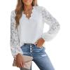 CUPSHE Women Lace Elegant Blouse Long Sleeve Eyelet V Neck Dressy Party Floral Tops Scalloped V Neck(White)