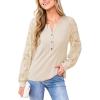 CUPSHE Women Long Sleeve Shirts Solid Button V Neck Lace Sleeves Slim Fit Casual Fall Shirts 2025(Khaki)
