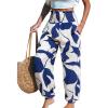 CUPSHE Women Pants with Pocket Smocked Waist Wide Leg Ruffle Loose Fit Pant Casual Beach(Blue Leaf)