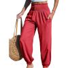 CUPSHE Women Pants with Pocket Smocked Waist Wide Leg Ruffle Loose Fit Pant Casual Beach(Red)