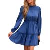 CUPSHE Women Ruffle Fall Dresses Long Bubble Sleeve Crewneck Smocked Waist Holiday Party Winter Mini Dress(Blue)