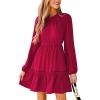 CUPSHE Women Ruffle Fall Dresses Long Bubble Sleeve Crewneck Smocked Waist Holiday Party Winter Mini Dress(Light Red)