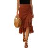 CUPSHE Women’s Asymmetrical Midi Skirts Ruffle Flowy Tiered Drawstring Beach Vacation Skirts(Orange-red)