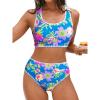 CUPSHE Women’s Bikini Sets Two Piece Swimsuit Scoop Neck Tank Wide Straps Midkini Stitching(Blue/Pink Floral)