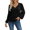 CUPSHE Women’s Blouses Eyelet Tops Long Sleeve V Neck Puff Sleeve Shirts Dressy Casual(Black)