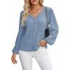 CUPSHE Women’s Blouses Eyelet Tops Long Sleeve V Neck Puff Sleeve Shirts Dressy Casual(Blue)