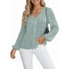 CUPSHE Women’s Blouses Eyelet Tops Long Sleeve V Neck Puff Sleeve Shirts Dressy Casual(Green)
