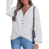 CUPSHE Womens Casual Tops Long Sleeve V Neck Twist Knot Shirts Cute Loose Fall Blouse(White)