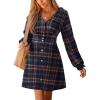 CUPSHE Women’s Fall Casual Dress Long Sleeve V Neck A Line Button Mini Dresses(Navy Blue Plaid)