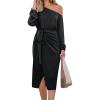 CUPSHE Womens Fall Dress One Shoulder Tie Front Puff Long Sleeve Bodycon Wrap Cocktail Midi Dresses(Black)