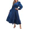 CUPSHE Women’s Fall Dresses 2025 Long Sleeve V Neck Casual Outfits A Line Tunic Waist Ruffled Vacation Flowy Maxi Party Dress(Blue)