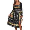 CUPSHE Womens Fall Dresses Floral Square Neck Long Puff Sleeve Flowy Casual A Line Midi Dress(Black)