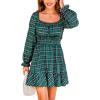 CUPSHE Womens Fall Dresses Long Sleeves Scoop Neck Casual Outfits Plaid Smocked A Line Work Ruffled Flowy Mini Party Dress(Green Plaid)