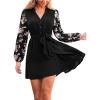 CUPSHE Womens Fall Dresses V Neck Floral Long Sleeve Button Belted Short Work Casual Outfit Flowy Mini Dress(Black)