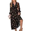 CUPSHE Women’s Floral Maxi Dress V Neck Puff Sleeves Flowy Ruffle Casual Fall Dress(Black)