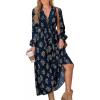 CUPSHE Women’s Floral Maxi Dress V Neck Puff Sleeves Flowy Ruffle Casual Fall Dress(Navy Blue)