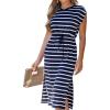 CUPSHE Women’s Knit Striped Casual Summer Dress Drawstring Waist Midi Dresses Short Sleeve Round Neckline Sundress(Navy Blue)