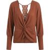 CUPSHE Womens Long Sleeve Crewneck Blouse Sexy Back Lace Ribbed Knit Tops(Brown)