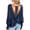 CUPSHE Womens Long Sleeve Crewneck Blouse Sexy Back Lace Ribbed Knit Tops(Navy)