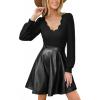 CUPSHE Women’s Long Sleeve Fall Mini Dress V Neck High Waist A Line Ruffle Faux Leather Dress(B-black)
