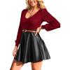 CUPSHE Women’s Long Sleeve Fall Mini Dress V Neck High Waist A Line Ruffle Faux Leather Dress(Red-black)