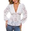 CUPSHE Women’s Long Sleeve Lace Blouse See Through Sexy V Neck Eyelet Shirts Party Floral Club Dressy Tops(White)