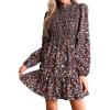 CUPSHE Women’s Mini Dress Mock Neck Smocked Long Bishop Sleeves Tiered Ruffled Hem Woven A Line Short Cocktail Dresses(Black Floral)