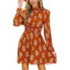 CUPSHE Women’s Mock Neck Floral Mini Fall Dress Long Ruffle Sleeve Elastic Waist Smocked Casual Flowying Mini Dresses(Burnt Orange)