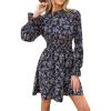 CUPSHE Women’s Mock Neck Floral Mini Fall Dress Long Ruffle Sleeve Elastic Waist Smocked Casual Flowying Mini Dresses(Navy)