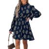 CUPSHE Women’s Mock Neck Floral Mini Fall Dress Long Ruffle Sleeve Elastic Waist Smocked Casual Flowying Mini Dresses(Navy Floral)