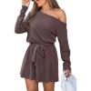 CUPSHE Women’s Off Shoulder Rompers Long Sleeve Waist Tie Casual One-Shoulder Romper Lounge Vacation(Coffee)