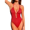 CUPSHE Women’s One Piece Swimsuit Plunging Neck Bathing Suit Halter Straps Adjustable Swimwear Shiny Ribbed Scalloped(Red)