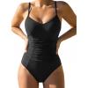 CUPSHE Women’s One Piece Swimsuit V Neck Tummy Control Bathing Suit Crisscross Back Self Tie Ruched Swimwear(Black)