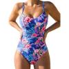 CUPSHE Women’s One Piece Swimsuit V Neck Tummy Control Bathing Suit Crisscross Back Self Tie Ruched Swimwear(Royal Blue/Tropical)