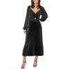 CUPSHE Womens Party Dresses Long Sleeve Pleated Fall Outfit Casual V Neck Elegant Club Evening Cocktail Midi Dress(Black)