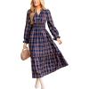 CUPSHE Women’s Plaid Ruffle Maxi Dress V Neck Long Sleeve Smocked Waist Fall Casual Party Dresses(Nacy Blue)