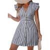CUPSHE Women’s Striped Summer Dresses V Neck Casual Mini Dress Flutter Sleeve Ruffle Button Sundresses(Black)