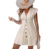 CUPSHE Women’s Striped Summer Dresses V Neck Casual Mini Dress Flutter Sleeve Ruffle Button Sundresses(Neutral)
