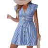 CUPSHE Women’s Striped Summer Dresses V Neck Casual Mini Dress Flutter Sleeve Ruffle Button Sundresses(Roray Blue)